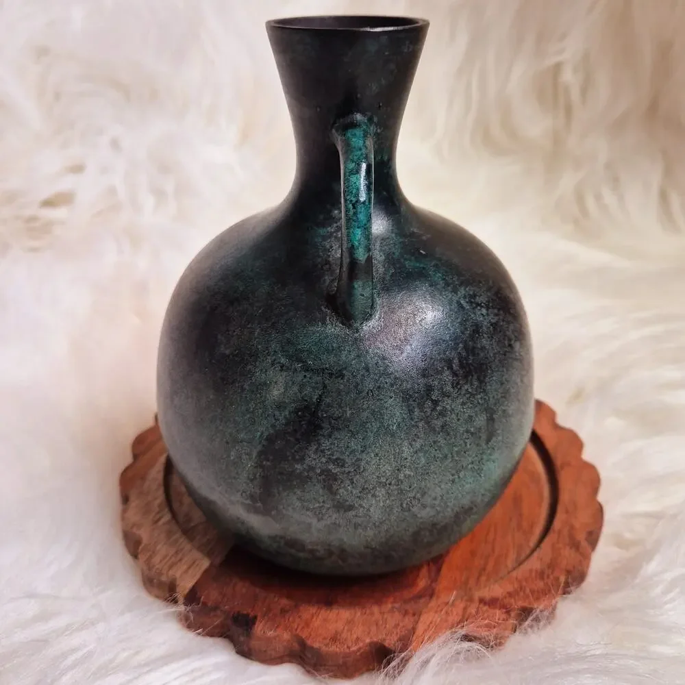 Antique Japanese Meiji Bronze Twin Handle Vase Green Patina